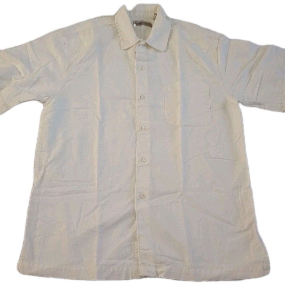 Fieldmaster Men's White Linen Blend Short Sleeve Button Down Shirt - Size Medium
